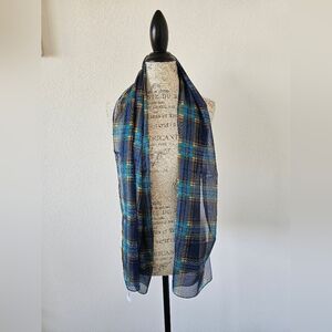 Accessory Street Blue Yellow Green Plaid Sheer Long Neck Scarf
